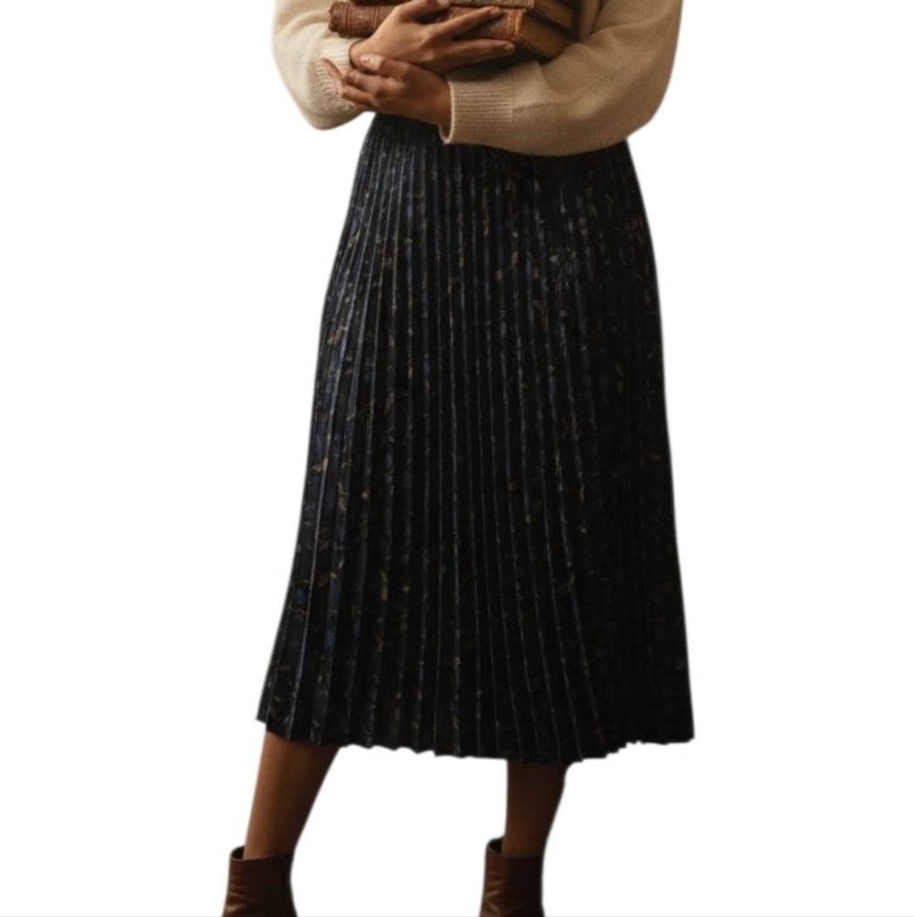 Vintage Sag Harbor Pleated Midi Skirt | Navy Blue Floral Dark Academia |Size 10